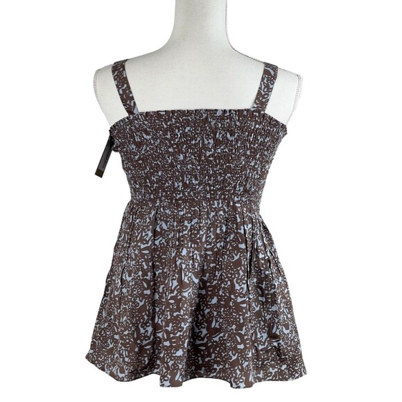 Rungolee Tahiti Floral Smocked Silk Top Blue Coffee Sleeveless Boho op NEW Sz S - Picture 2 of 16